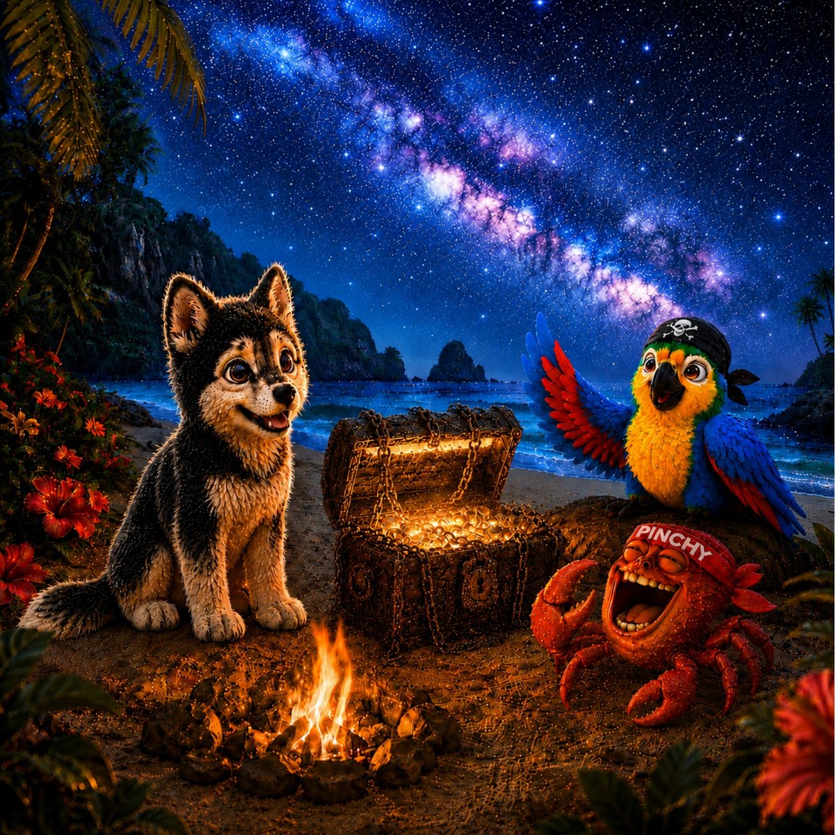 Scotty the wolf pup, Pricey the macaw and Pinchy the crab around a campfire on the beach beside an open treasure chest, under the Milky Way