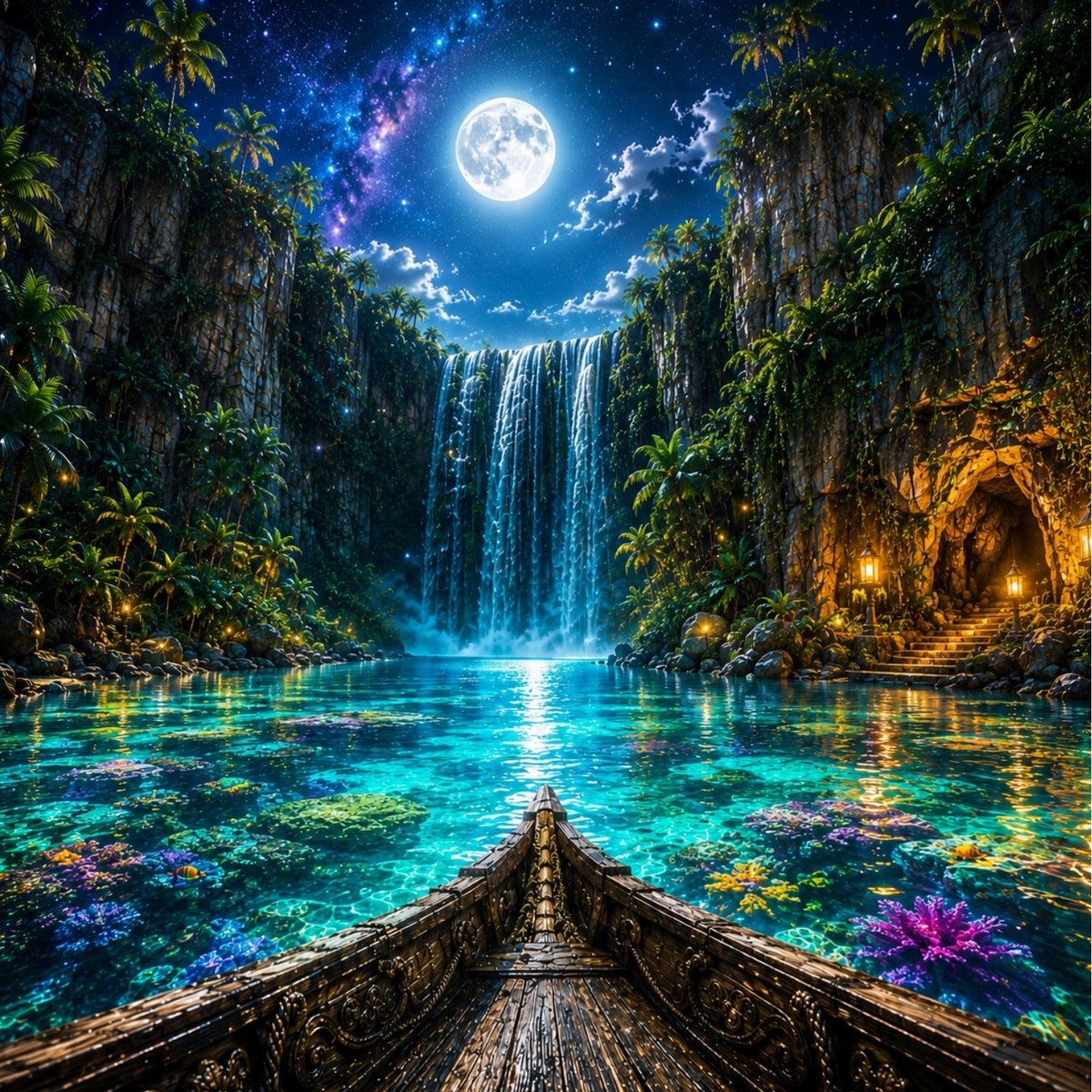 A hidden lagoon under a full moon and the Milky Way, with a tall waterfall, glowing coral in the clear water and a lantern-lit cave mouth in the cliff, seen from the bow of a pirate ship
