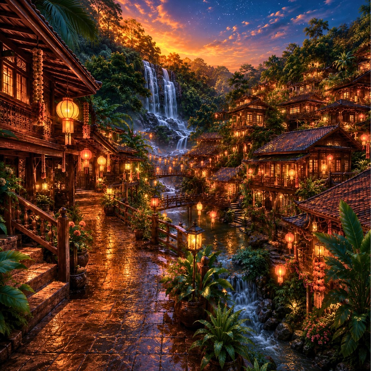The mountain village of Mae Kampong in Thailand at dusk, wooden houses stacked up the hillside with a waterfall running through the middle of town and lanterns everywhere